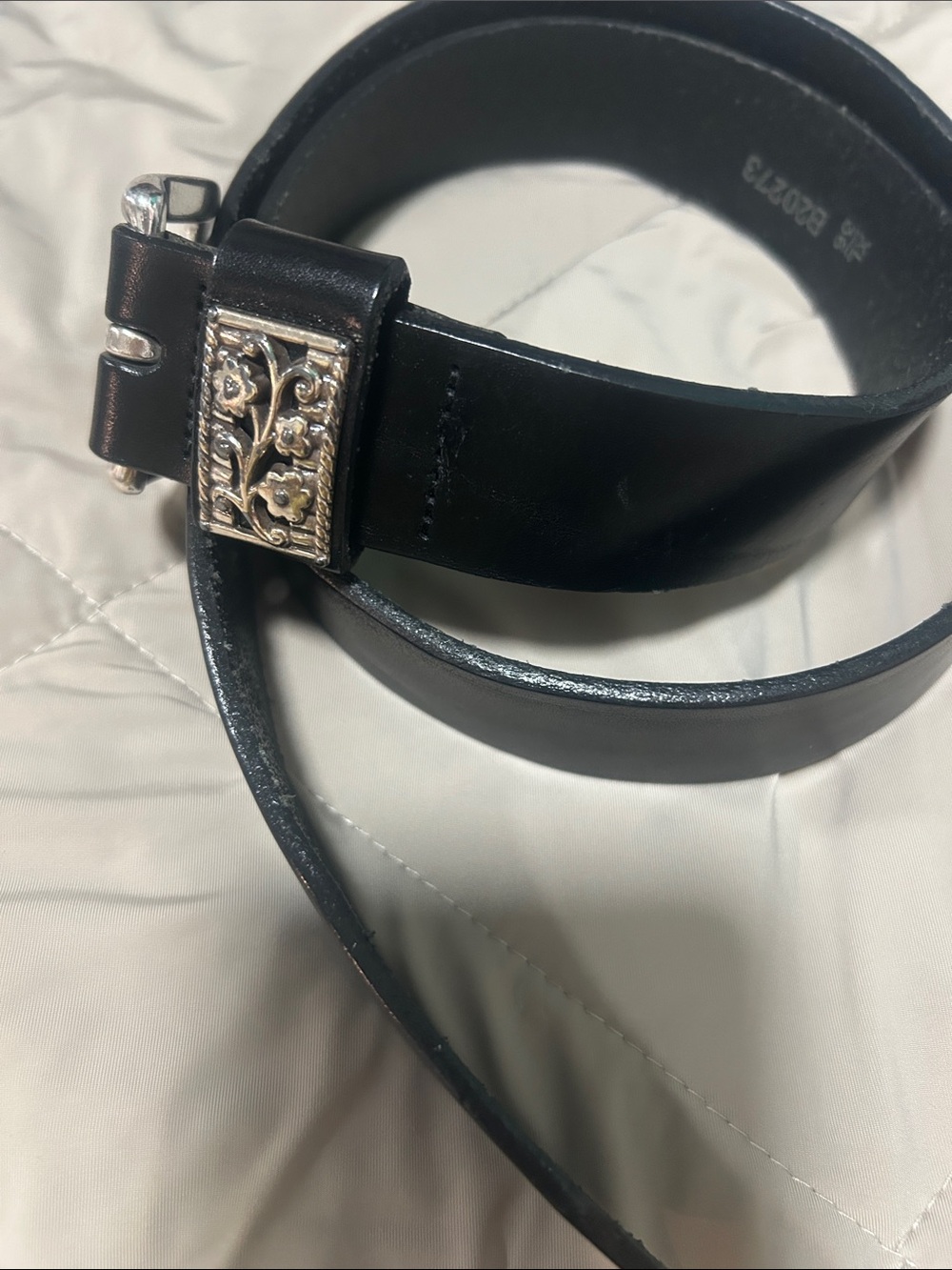Brighton Black Leather Belt with Ornate Silver Floral Buckle